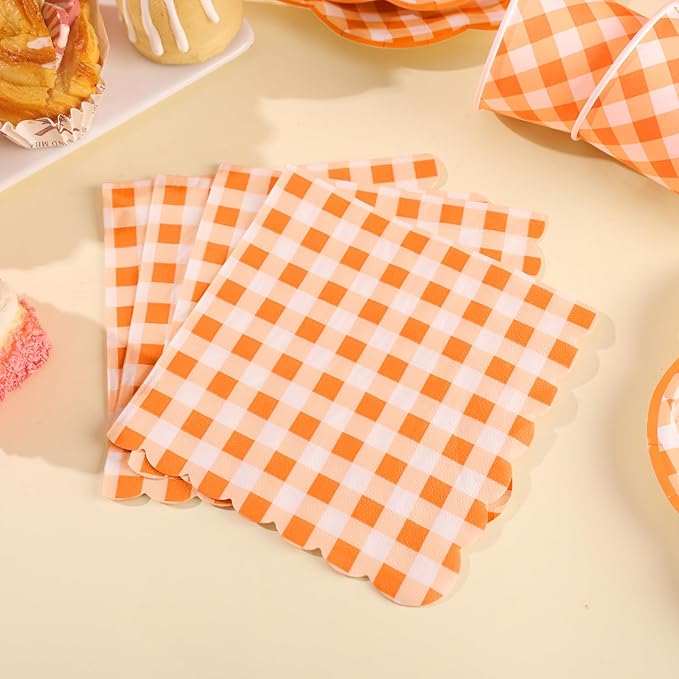 175 Pcs Orange and White Gingham Party Supplies - Serve 25 Guests