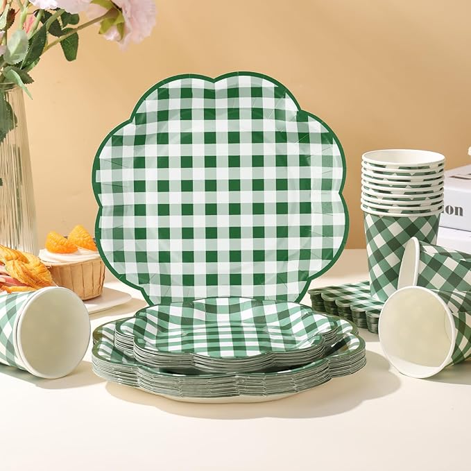 175 Pcs Green Gingham Plates and Napkins Party Supplies -  Serve 25 Guests