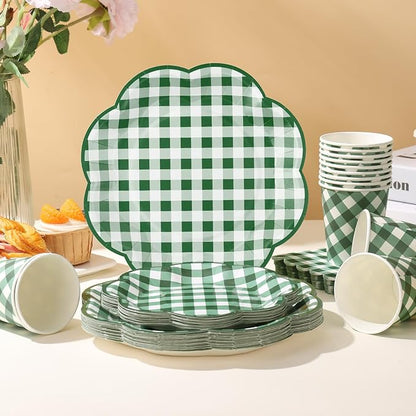 175 Pcs Green Gingham Plates and Napkins Party Supplies -  Serve 25 Guests