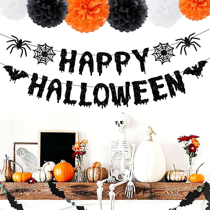 13 Piece Orange &amp; Black Halloween Party Decorations - Banner + Poms