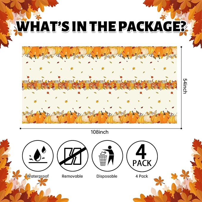 4-Pack Plastic Tablecloths - Fall Pumpkins