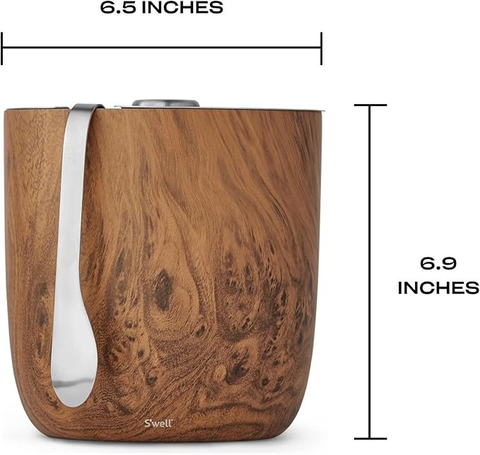 S’well Stainless Steel Ice Bucket with Tongs - 68oz Capacity, Teakwood Finish