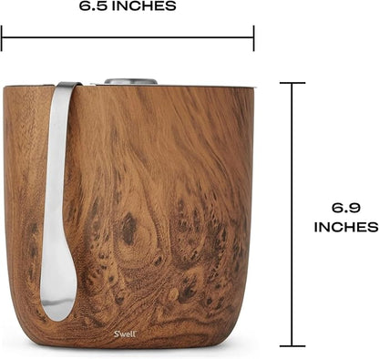 S’well Stainless Steel Ice Bucket with Tongs - 68oz Capacity, Teakwood Finish