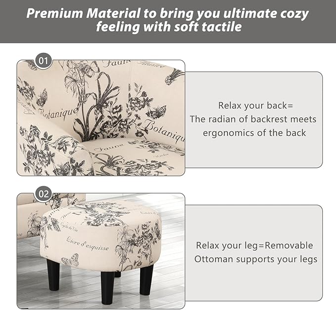 INZOY Modern Club Chair with Ottoman in Atique Cream/Black Floral