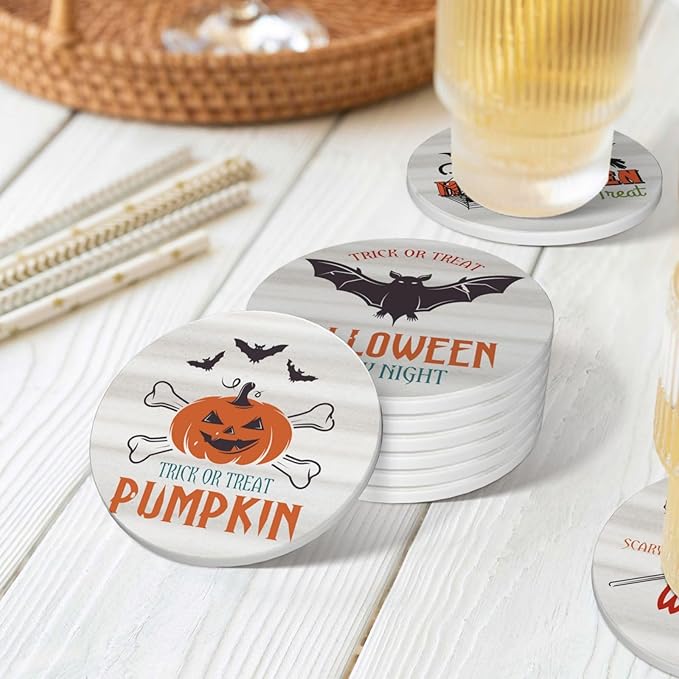6 Piece Set Halloween Ceramic Drink Coasters with Metal Holder and Cork Base