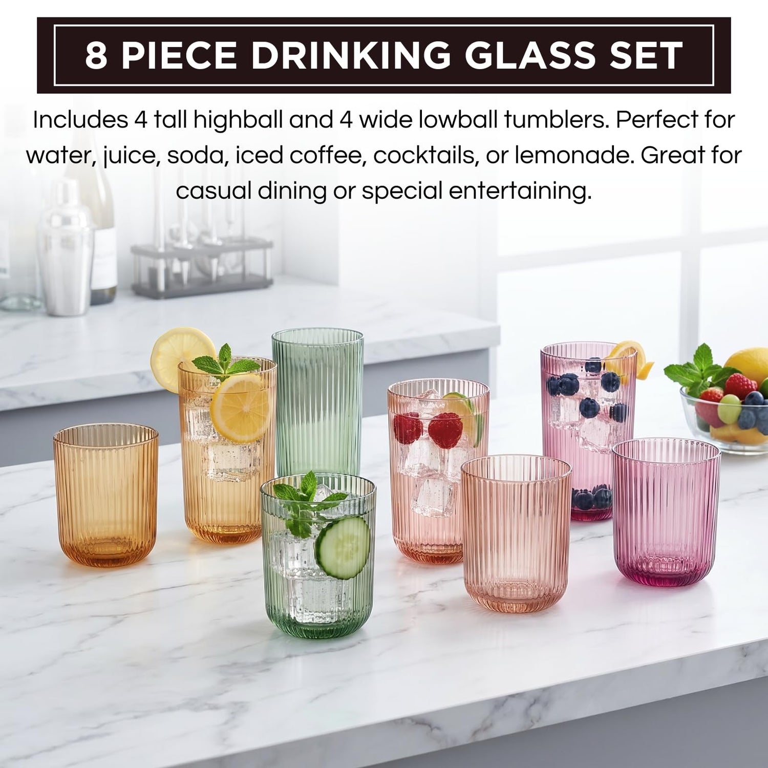 Set of 8 Ribbed Glasses - 4 Highball Glasses &amp; 4 Lowball
