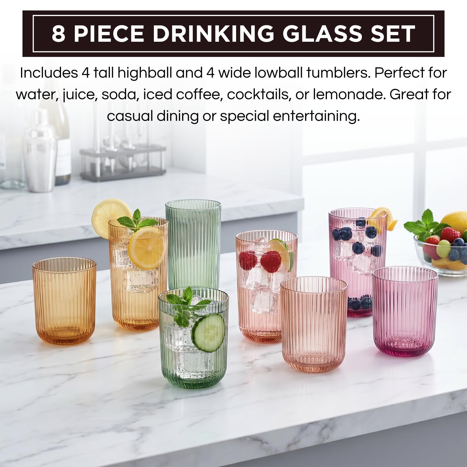 Set of 8 Ribbed Glasses - 4 Highball Glasses &amp; 4 Lowball
