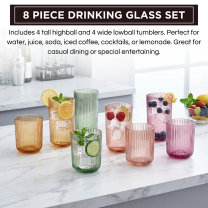 Set of 8 Ribbed Glasses - 4 Highball Glasses &amp; 4 Lowball