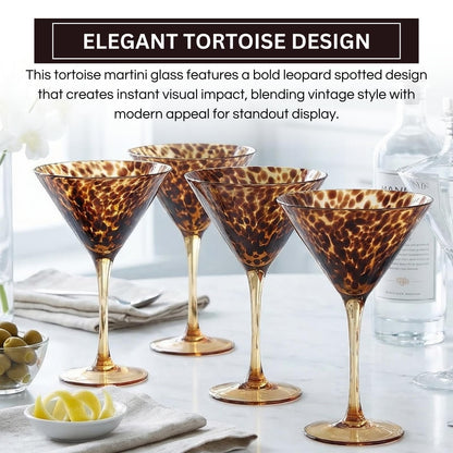 Tortoise Leopard Print Martini 9oz - Set of 4, 7.1" Spotted Borosilicate Cocktail Stem