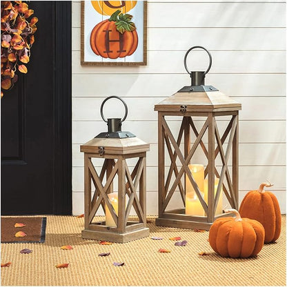 Set of 2 Modern Farmhouse Wood and Metal Lanterns - Natural (No Glass)