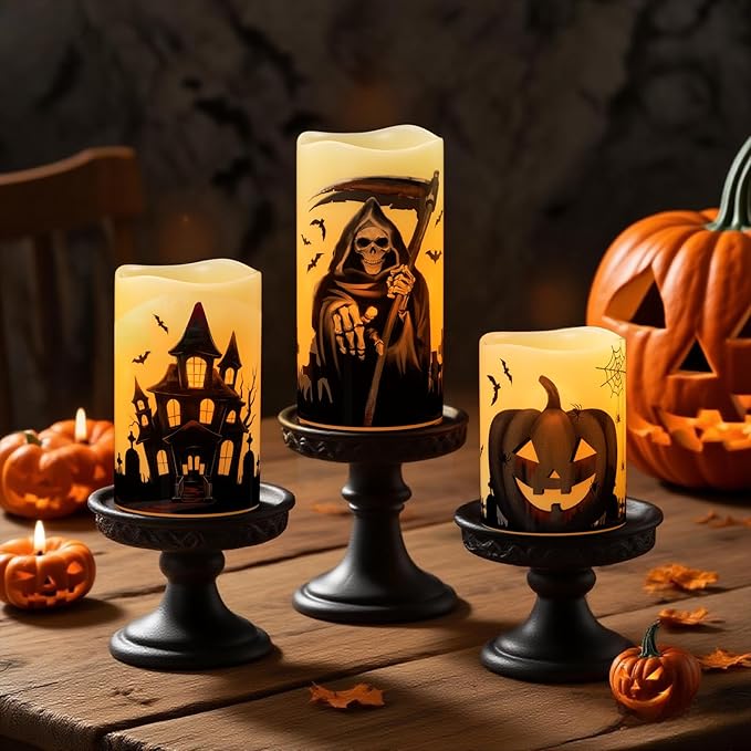 Set of 3 Halloween Flameless Flickering Candles with 6 Hour Timer  - Grim Reaper/Haunted House/Pumpkin