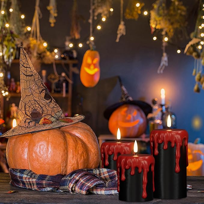 Set of 3 Halloween Flameless Candles with 6H Timer - Black/Red