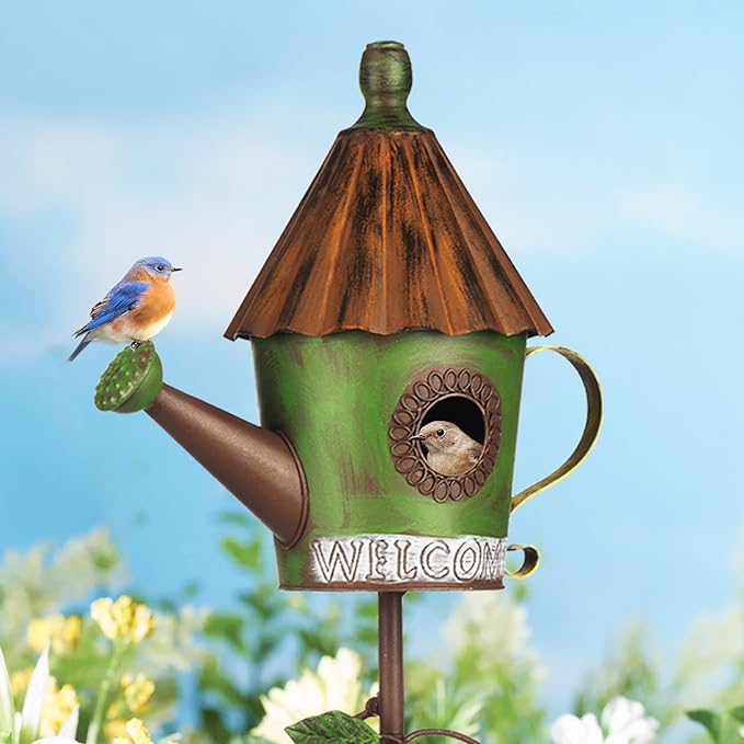 BAYN 57” Metal Watering Can Birdhouse Garden Stake