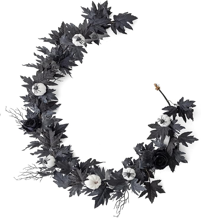 Black Maple Leaf Garland w/ White Pumpkins and Creepy Black Spiders