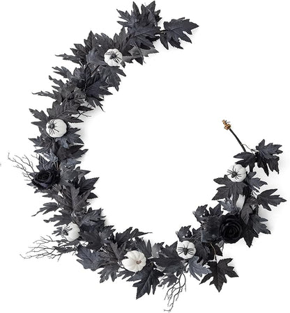 Black Maple Leaf Garland w/ White Pumpkins and Creepy Black Spiders