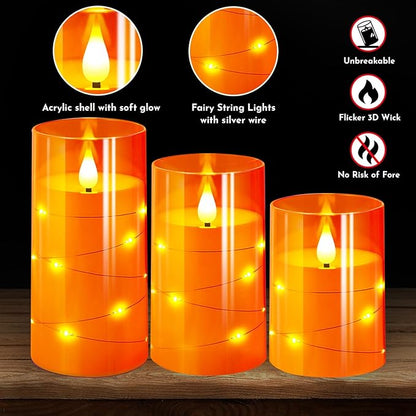 Set of 3 Flickering Flameless Candles with Remote Timer - Orange