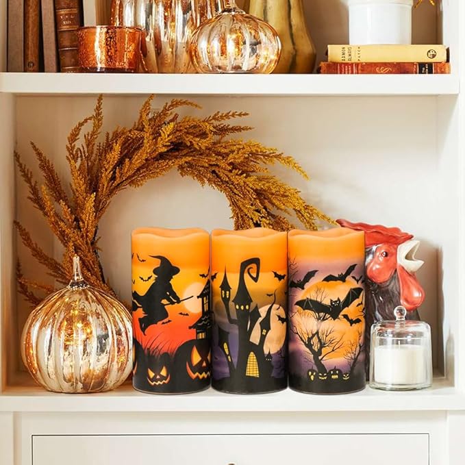 Set of 3 Flameless Flickering Halloween Candles - Battery Operated with Timer, Orange