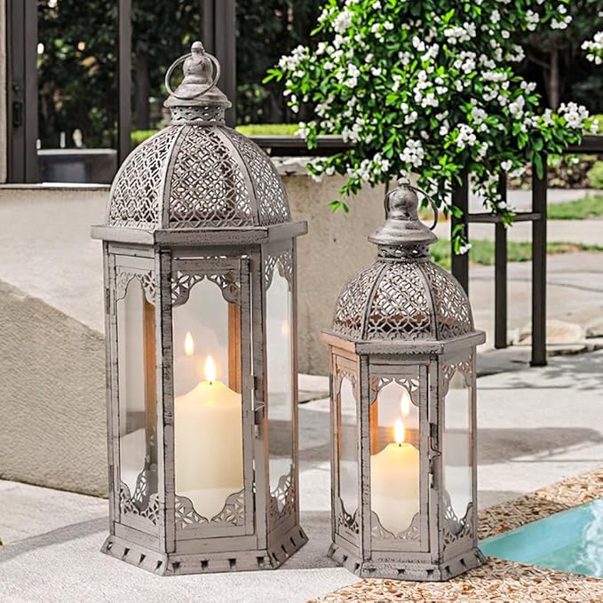 Set of 2 Vintage Metal Candle Lanterns - Antique Gray Finish
