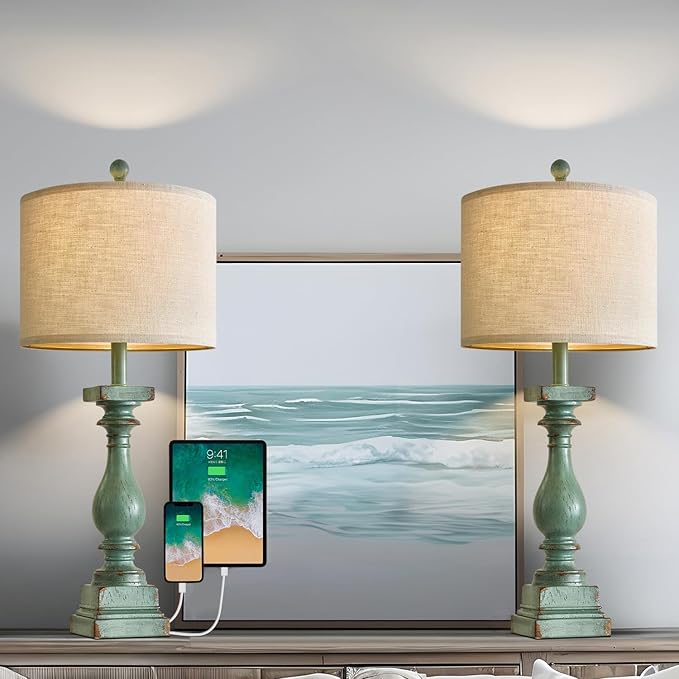 Set of 2 Farmhouse Table Lamps with USB A+C - Green
