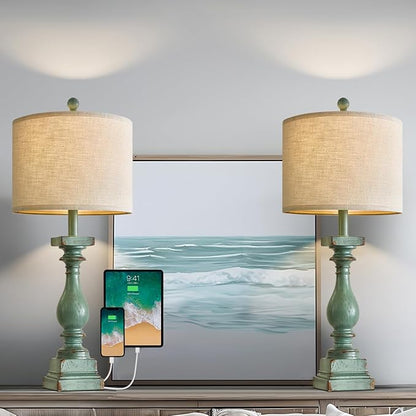 Set of 2 Farmhouse Table Lamps with USB A+C - Green