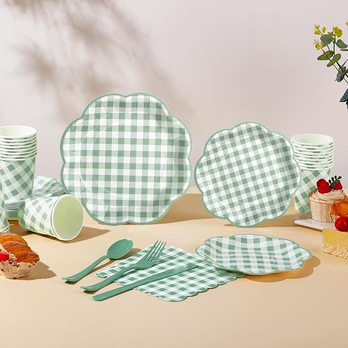 350 Piece Sage Green Gingham Paper Plates and Napkins Party Supplies for 50 Guests