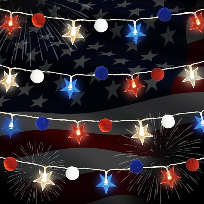 Red White and Blue Star/Pom Lights - Battery Operated