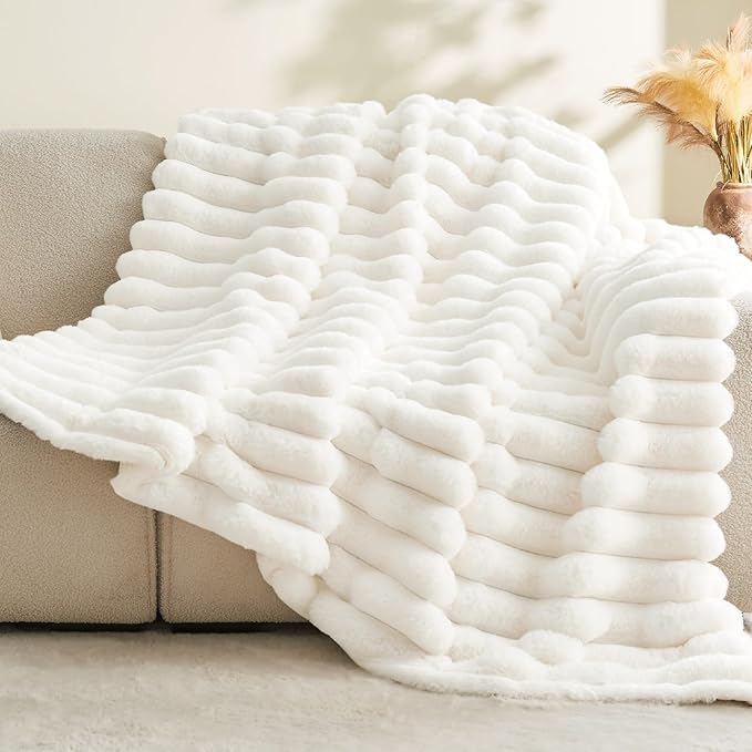 Super Soft and Cozy Faux Rabbit Fur Throw Blanket - Cream, 60 x 80 inch