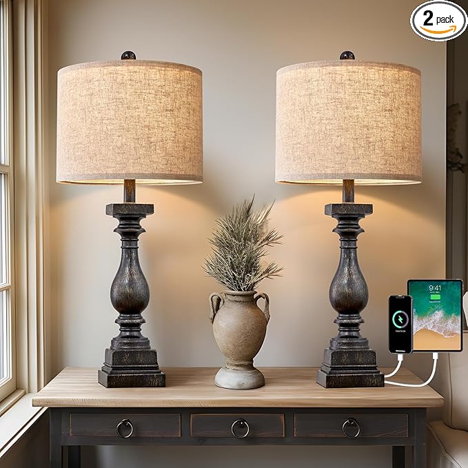 Set of 2 Traditional Farmhouse Table Lamps with USB A + C Charging Ports - Black