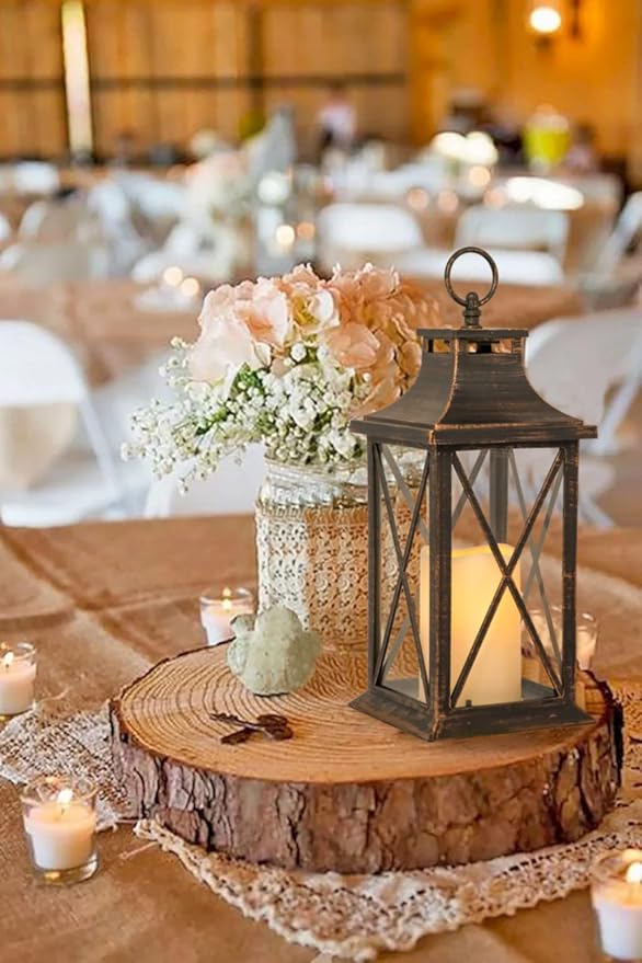Set of 2 Antique Brushed Copper Lanterns with LED Flameless Candles