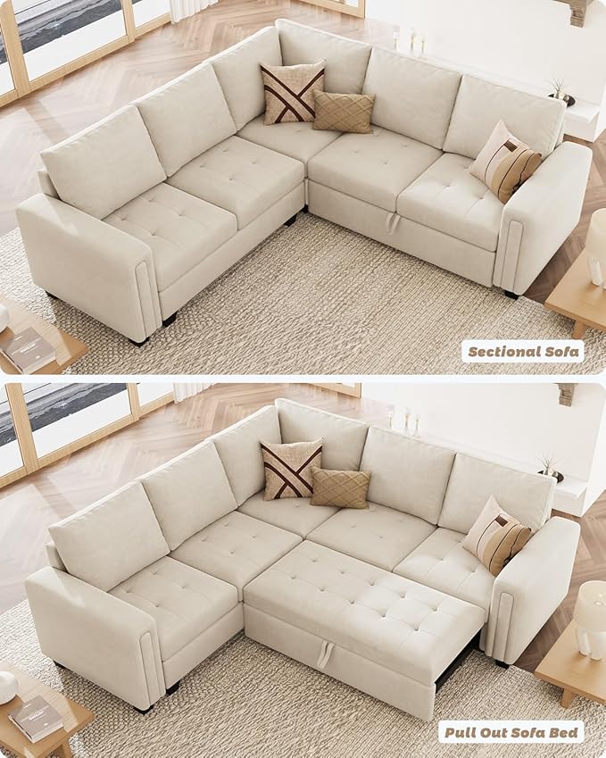Belffin Modular Sectional Sleeper Sofa with Pull Out Couch Bed in Beige Velvet