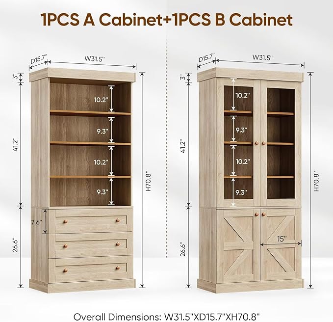 Tall Farmhouse Bookshelves with Glass Doors and Drawers, Set of 3 – Natural