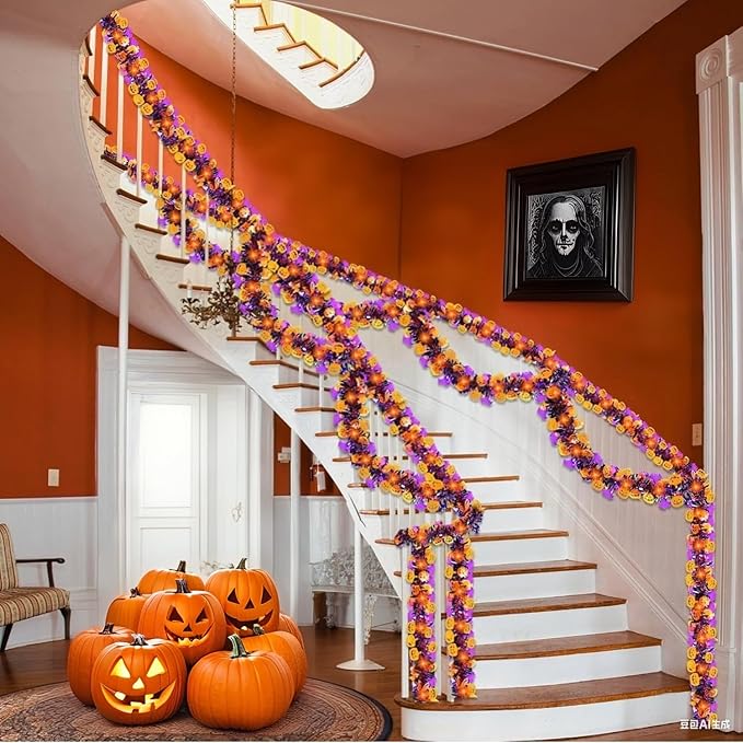 50 Ft Halloween Tinsel Garland - Pumpkins &amp; Bats, Orange/Purple/Black