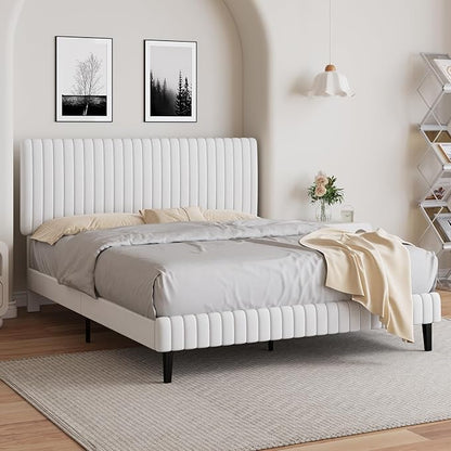 Queen Size Velvet Upholstered Platform Bed in White
