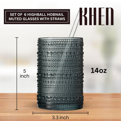 Khen Hobnail Drinking Glasses with Straws | Muted Colors | Set of 6