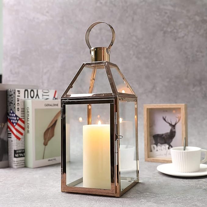 Rose Gold Stainless Steel Candle Lantern with Tempered Glass