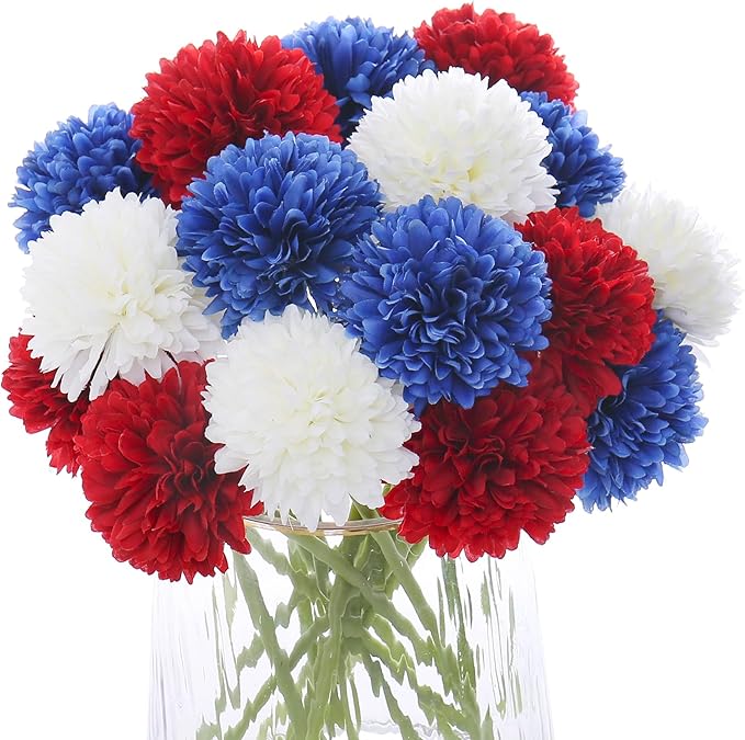 21 Piece Faux Chrysanthemum Flowers - Red/White/Blue