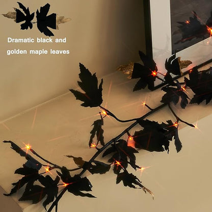 Halloween Black Maple Garland with Lights &amp; Timer
