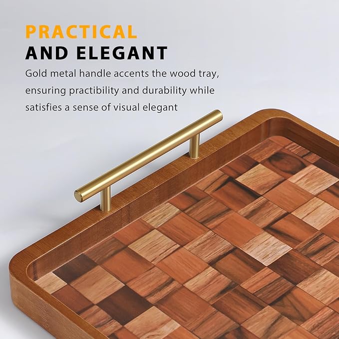 Wooden Serving Tray with Gold Handles