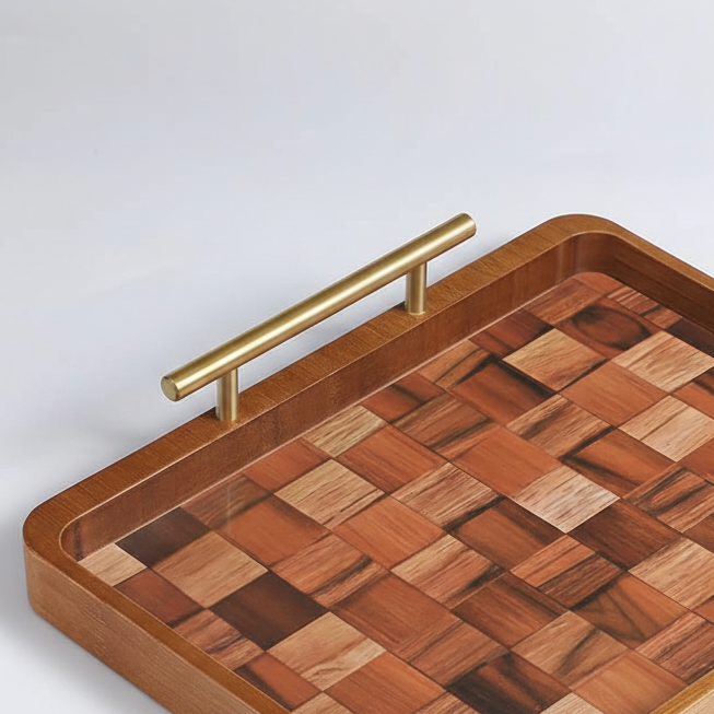 Wooden Serving Tray with Gold Handles