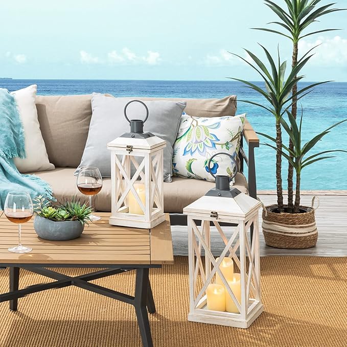 Set of 2 Modern Farmhouse Wooden Outdoor Lanterns - White (No Glass)