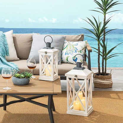 Set of 2 Modern Farmhouse Wooden Outdoor Lanterns - White (No Glass)