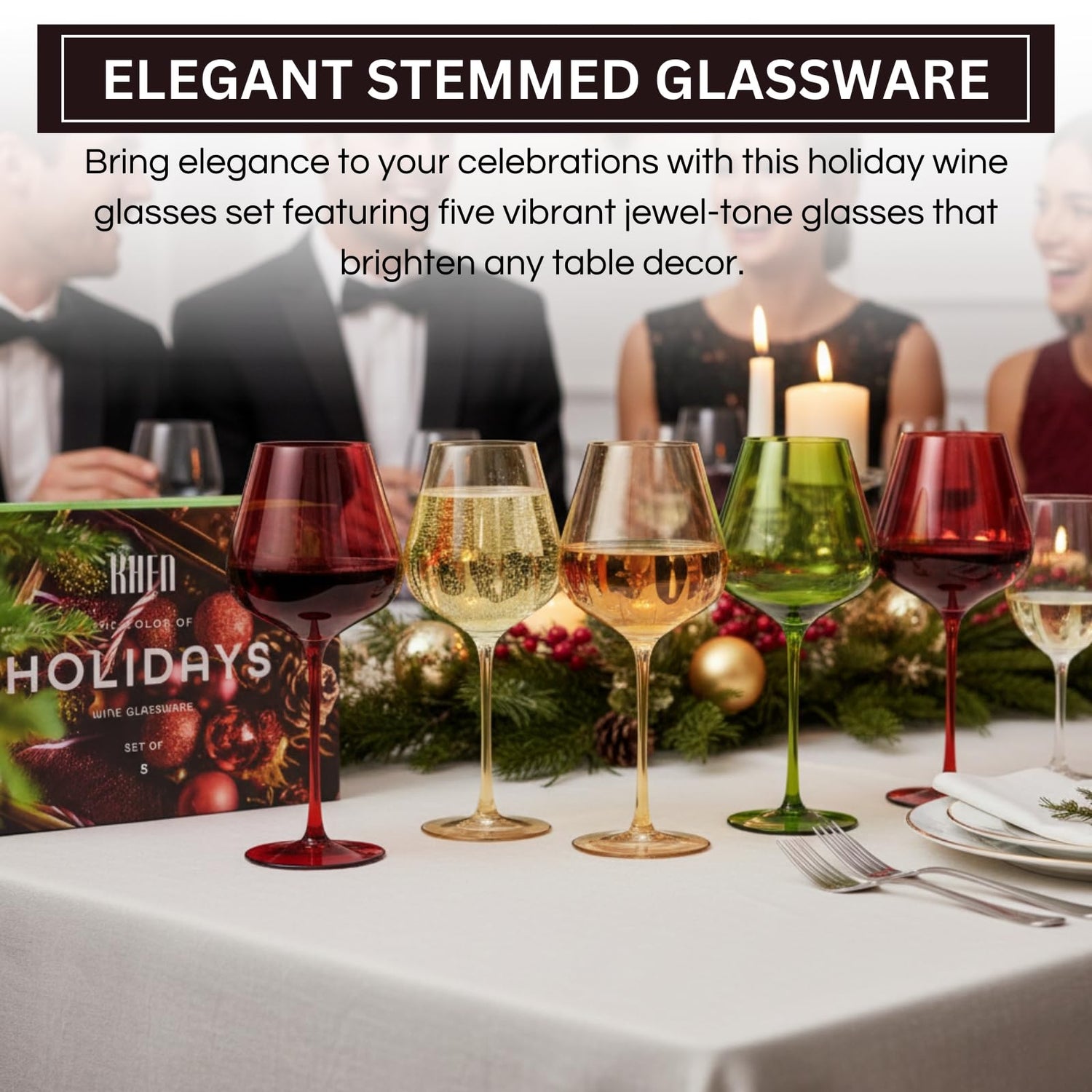 Christmas Holiday Wine Glasses - Set of 5 20oz Goblets