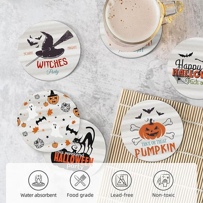 6 Piece Set Halloween Ceramic Drink Coasters with Metal Holder and Cork Base