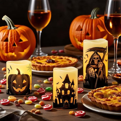 Set of 3 Halloween Flameless Flickering Candles with 6 Hour Timer  - Grim Reaper/Haunted House/Pumpkin