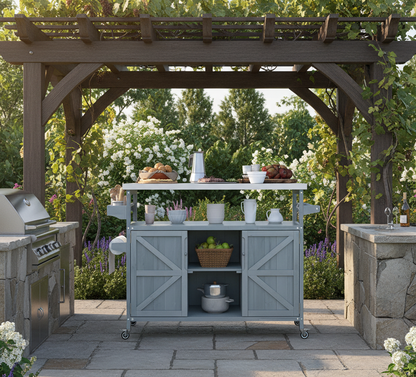 Outdoor Kitchen Island with Internal Storage Rack, Spice &amp; Towel Rack - Robin Blue