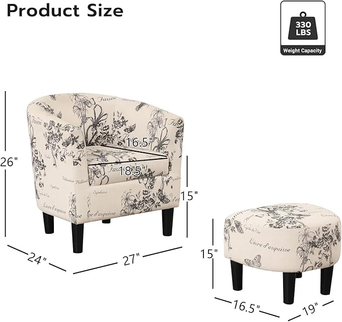 INZOY Modern Club Chair with Ottoman in Atique Cream/Black Floral