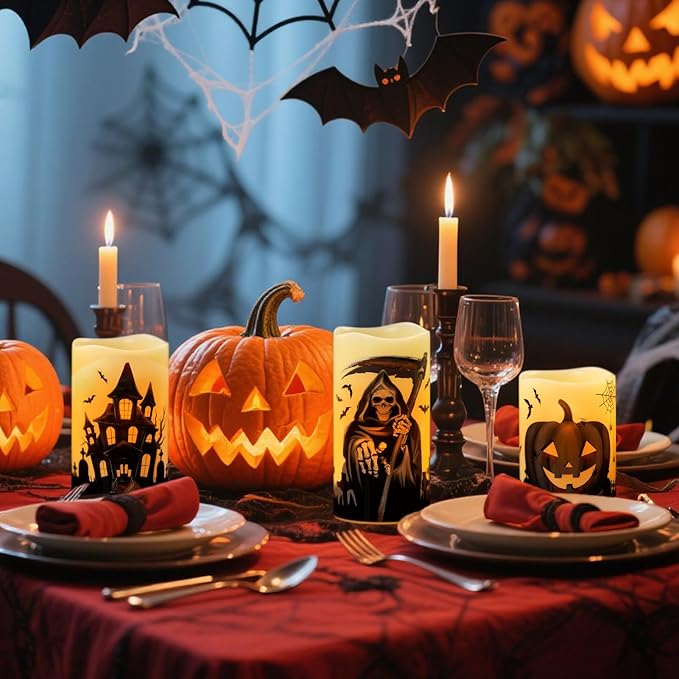 Set of 3 Halloween Flameless Flickering Candles with 6 Hour Timer  - Grim Reaper/Haunted House/Pumpkin