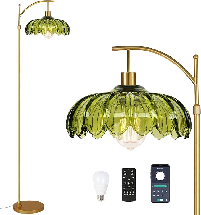 Vintage Glass Lotus Floor Lamp in Green