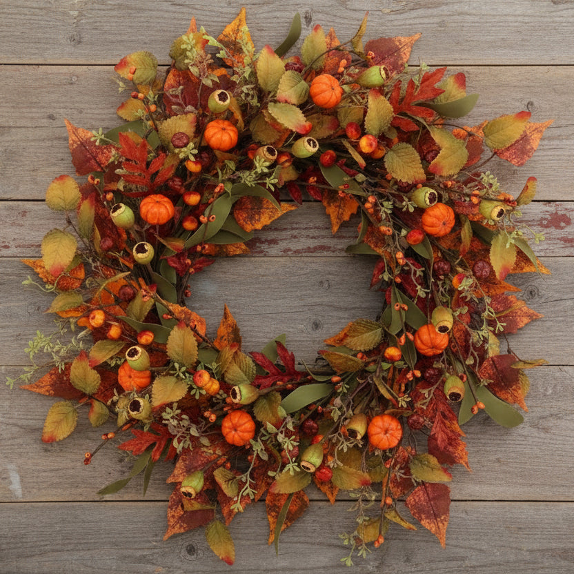 22 inch Autumn Wreath with Pumpkin and Maple Leaves - Green/Orange/Red/Brown
