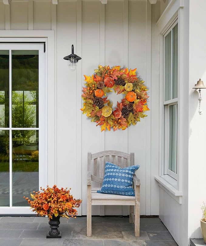 Extra Large 26 inch Autumn Wreath with Velvet Pumpkins, Natural Pine Cones, &amp; Maple Leaves - Metal Hook Included